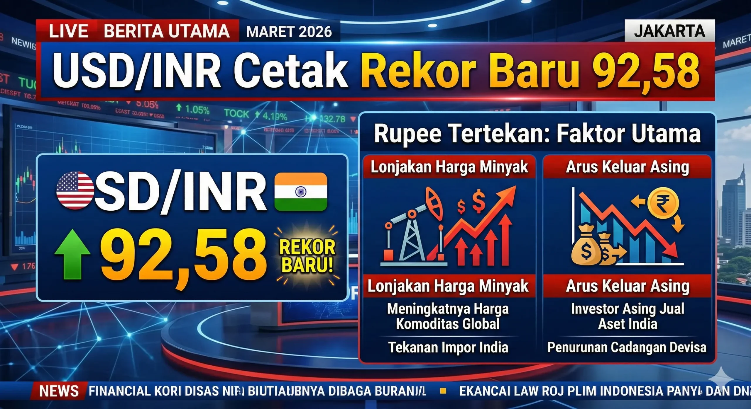 USD/INR Cetak Rekor Baru 92,58, Rupee Tertekan Lonjakan Harga Minyak dan Arus Keluar Asing