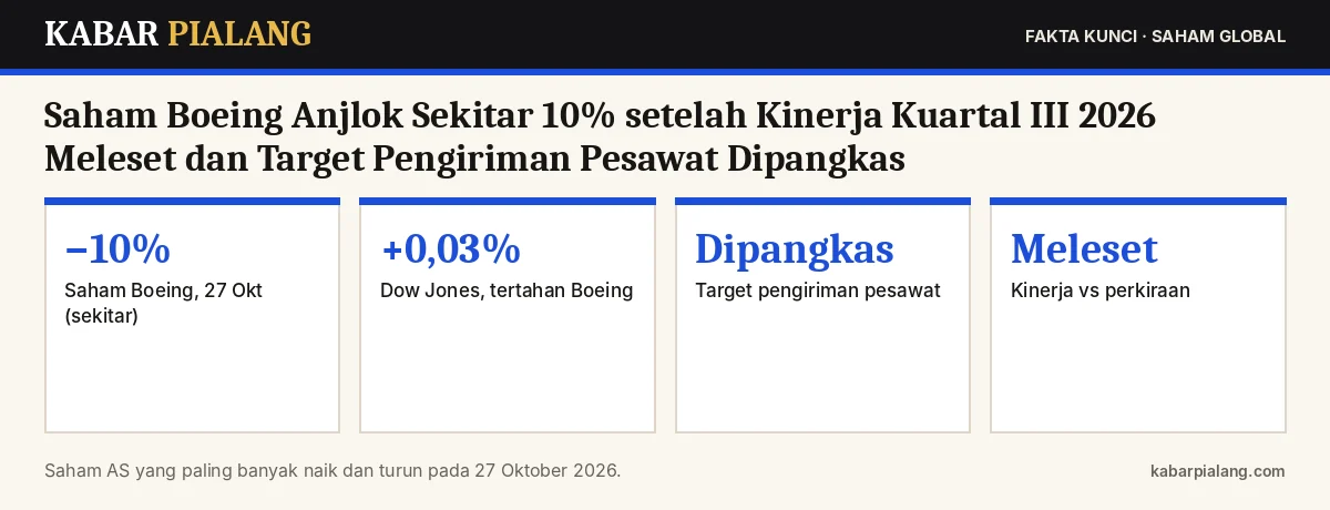 Fakta kunci: Saham Boeing Anjlok Sekitar 10% setelah Kinerja Kuartal III 2026 Meleset dan Target Pengiriman Pesawat Dipangkas