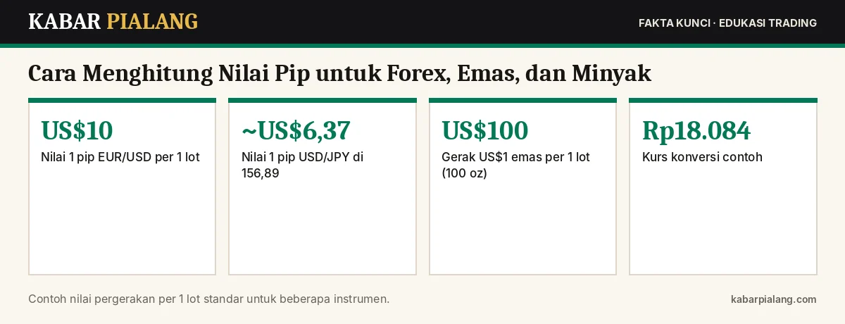 Fakta kunci: Cara Menghitung Nilai Pip untuk Forex, Emas, dan Minyak: Contoh EUR/USD, USD/JPY, XAU/USD, dan Konversi ke Rupiah