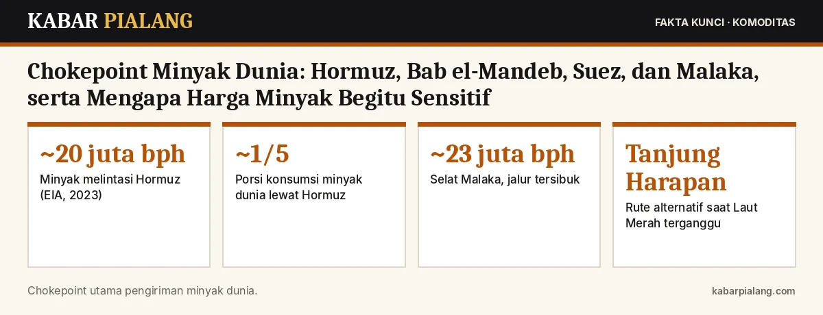 Fakta kunci: Chokepoint Minyak Dunia: Hormuz, Bab el-Mandeb, Suez, dan Malaka, serta Mengapa Harga Minyak Begitu Sensitif