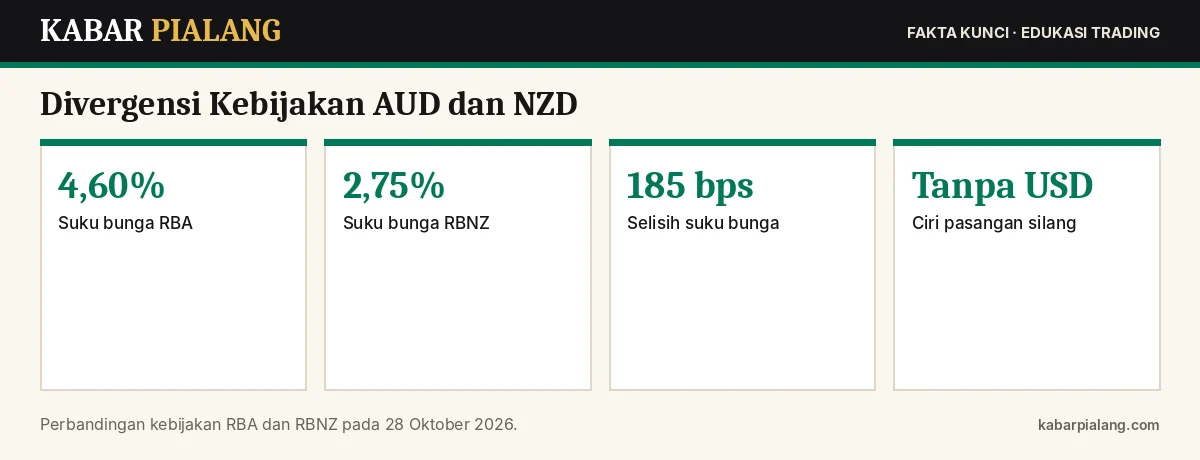 Fakta kunci: Divergensi Kebijakan AUD dan NZD: Cara Membaca Pasangan Silang AUD/NZD saat RBA dan RBNZ Bergerak Berbeda