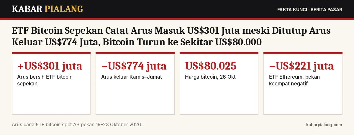 Fakta kunci: ETF Bitcoin Sepekan Catat Arus Masuk US$301 Juta meski Ditutup Arus Keluar US$774 Juta, Bitcoin Turun ke Sekitar US$80.000