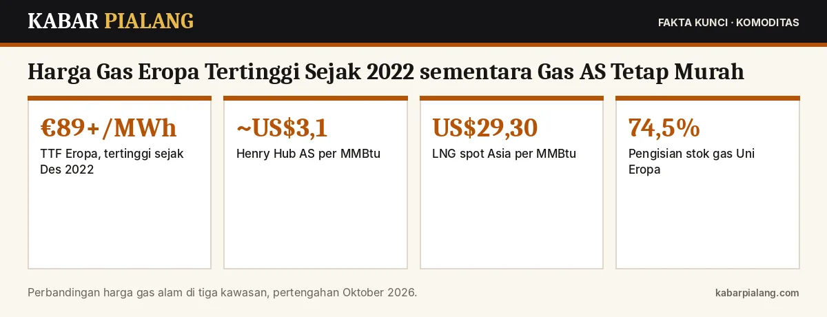 Fakta kunci: Harga Gas Eropa Tertinggi Sejak 2022 sementara Gas AS Tetap Murah: Membaca Selisih TTF dan Henry Hub di Tengah Gangguan LNG Qatar
