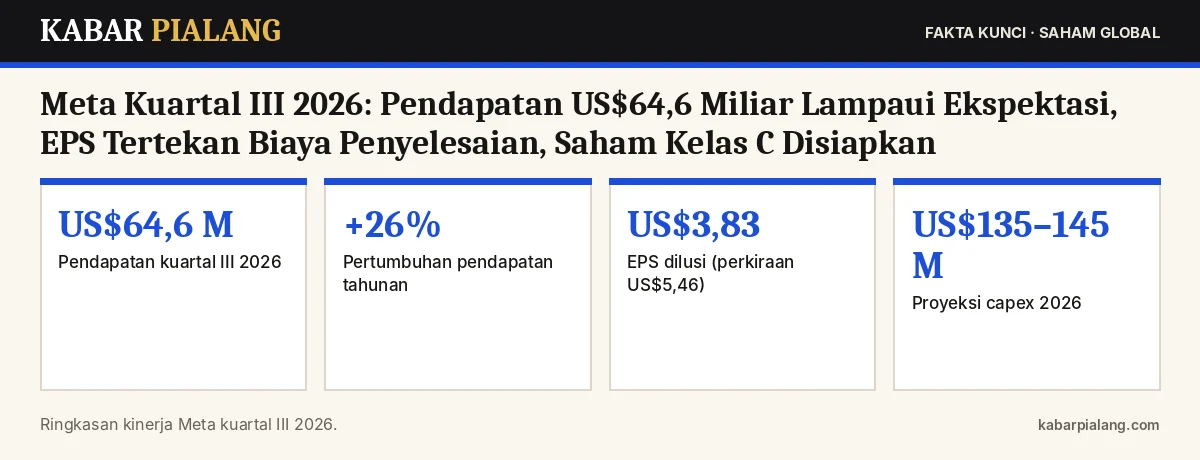 Fakta kunci: Meta Kuartal III 2026: Pendapatan US$64,6 Miliar Lampaui Ekspektasi, EPS Tertekan Biaya Penyelesaian, Saham Kelas C Disiapkan