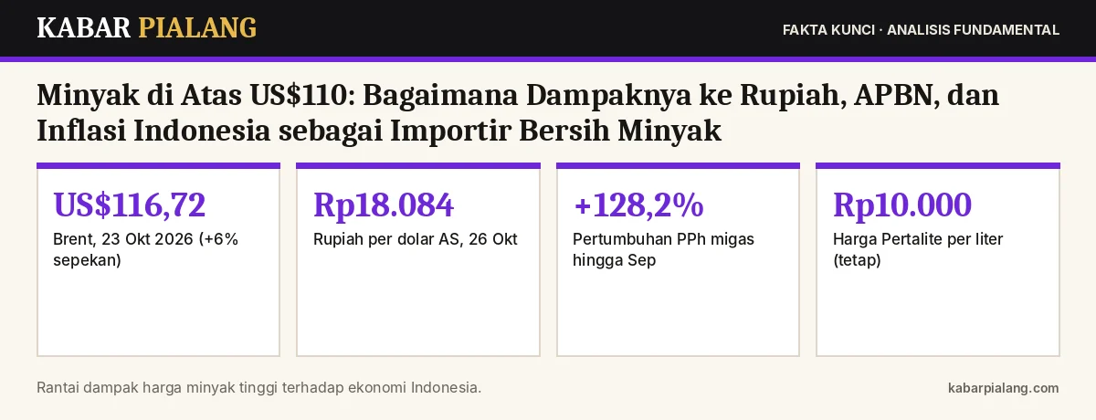 Fakta kunci: Minyak di Atas US$110: Bagaimana Dampaknya ke Rupiah, APBN, dan Inflasi Indonesia sebagai Importir Bersih Minyak
