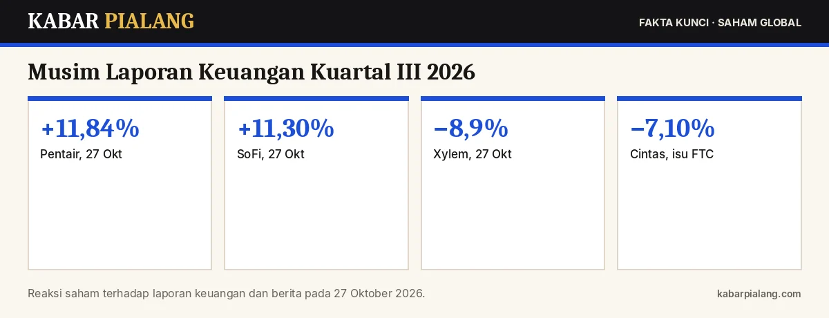 Fakta kunci: Musim Laporan Keuangan Kuartal III 2026: Mengapa Pentair dan SoFi Melonjak 11%, sementara Xylem dan Cintas Anjlok