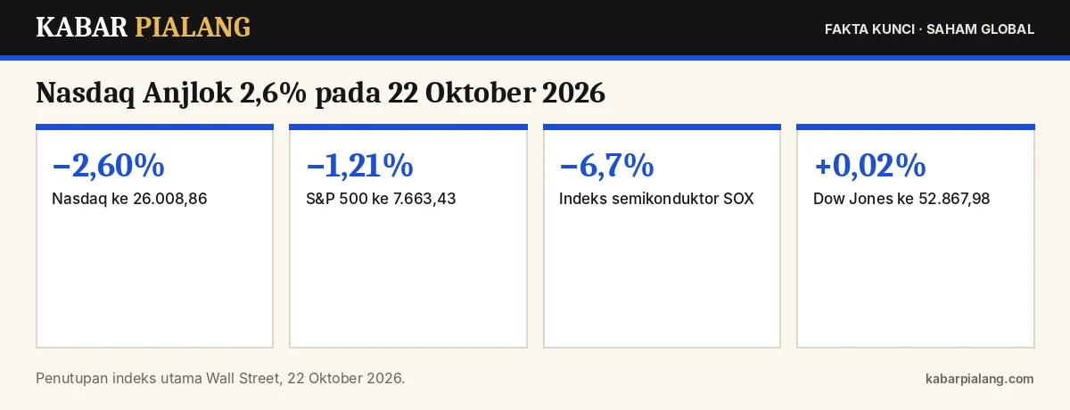 Fakta kunci: Nasdaq Anjlok 2,6% pada 22 Oktober 2026: Keraguan Belanja AI, Saham Chip Rontok, Minyak Membebani