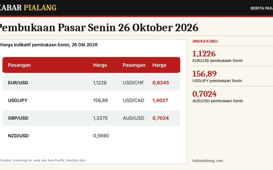 Pembukaan Pasar Senin 26 Oktober 2026: Dolar AS Sedikit Melemah, Pasar Waspadai Eskalasi AS–Iran dan Pekan Lima Bank Sentral