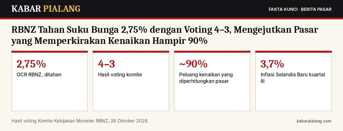Fakta kunci: RBNZ Tahan Suku Bunga 2,75% dengan Voting 4–3, Mengejutkan Pasar yang Memperkirakan Kenaikan Hampir 90%