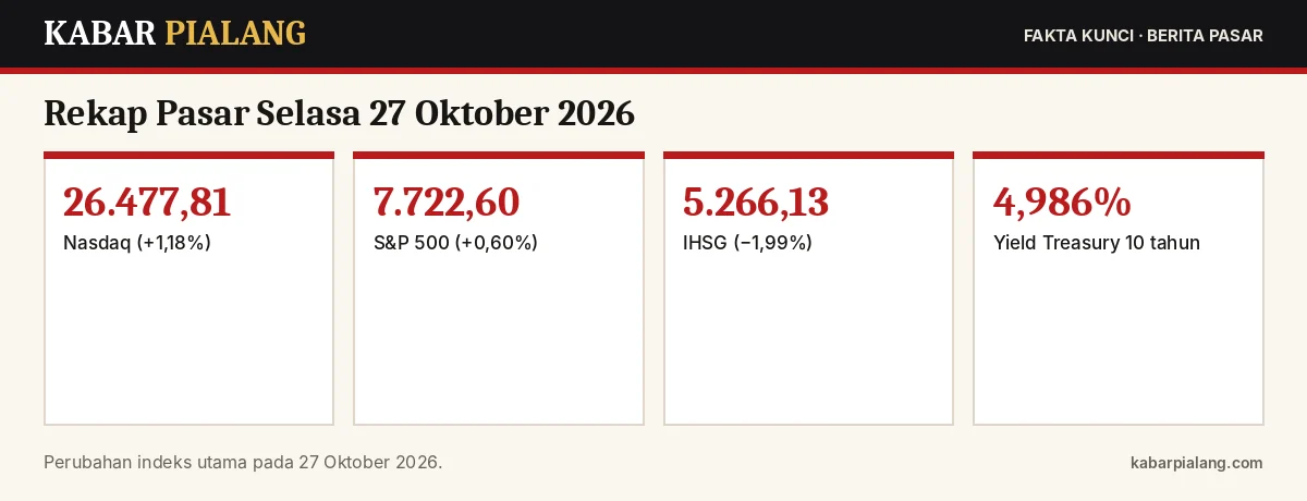 Fakta kunci: Rekap Pasar Selasa 27 Oktober 2026: Nasdaq Naik 1,18%, IHSG Anjlok 1,99%, Minyak WTI Sempat di Bawah US$100