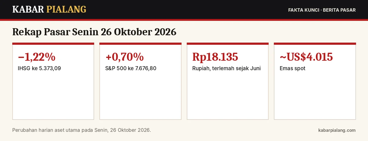 Fakta kunci: Rekap Pasar Senin 26 Oktober 2026: IHSG Turun 1,22%, Wall Street Menguat, Minyak dan Rupiah Sama-sama Melemah
