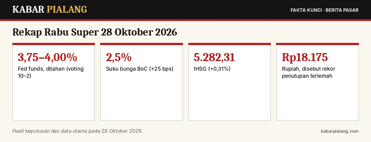 Fakta kunci: Rekap Rabu Super 28 Oktober 2026: Fed Tahan, BoC Naik, Anggaran Inggris, dan Rupiah Sentuh Rekor