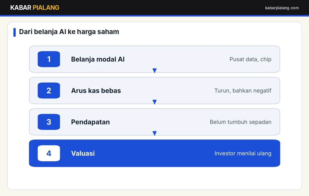 Alur bagaimana belanja AI memengaruhi arus kas bebas dan harga saham