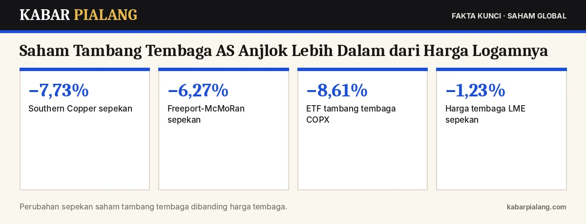 Fakta kunci: Saham Tambang Tembaga AS Anjlok Lebih Dalam dari Harga Logamnya: Southern Copper −7,73%, Freeport −6,27%, ETF COPX −8,61%