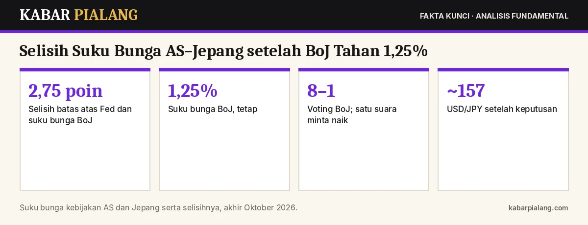 Fakta kunci: Selisih Suku Bunga AS–Jepang setelah BoJ Tahan 1,25%: Arah USD/JPY dan Peluang Kenaikan Desember