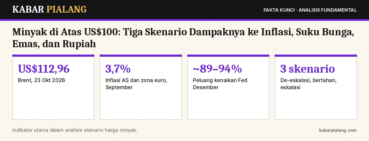 Fakta kunci: Minyak di Atas US$100: Tiga Skenario Dampaknya ke Inflasi, Suku Bunga, Emas, dan Rupiah