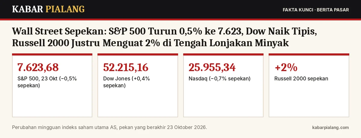 Fakta kunci: Wall Street Sepekan: S&P 500 Turun 0,5% ke 7.623, Dow Naik Tipis, Russell 2000 Justru Menguat 2% di Tengah Lonjakan Minyak